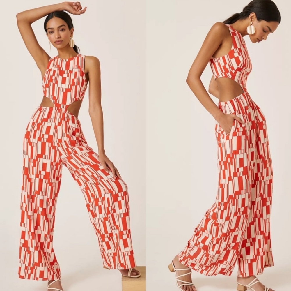 Anthropologie Corey Lynn Calter Cutout Orange And Cream Jumpsuit - Picture 3 of 12